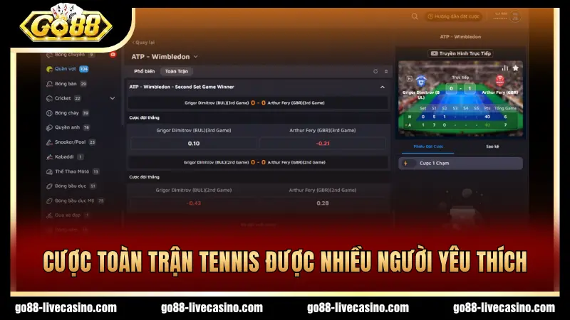 Cược toàn trận tennis thú vị, hấp dẫn người tham gia