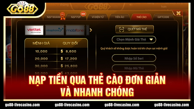 Nạp tiền qua thẻ cào được chọn lựa khá nhiều